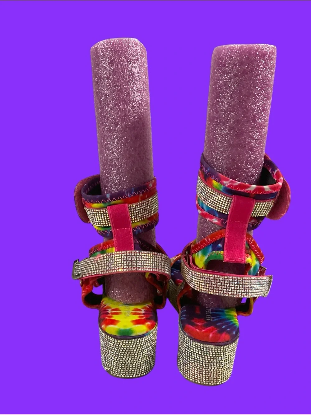 Azalea Wang Force Multicolor Tie-Dye Platform Sandals w/Rhinestone Straps Size 8